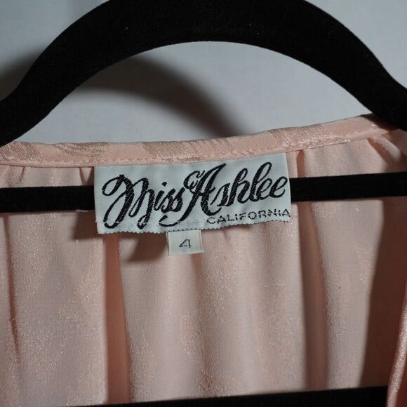VTG 80s Miss Ashlee CA Pink Satin Faux Wrap Dress Sz 4 STAINS V Neck Long Sleeve - Picture 3 of 10